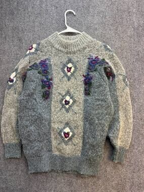 Vintage MarieaKim Floral Embroidered Gray Knit Sweater Women’s M Korea